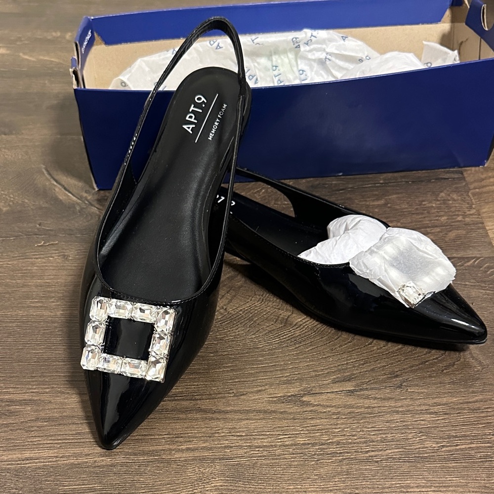 Apt. 9 Women's Shiny Black Flats with Square Crystal Detail